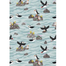 Lewis & Irene Puffin Bay - Puffins on rocks light blue